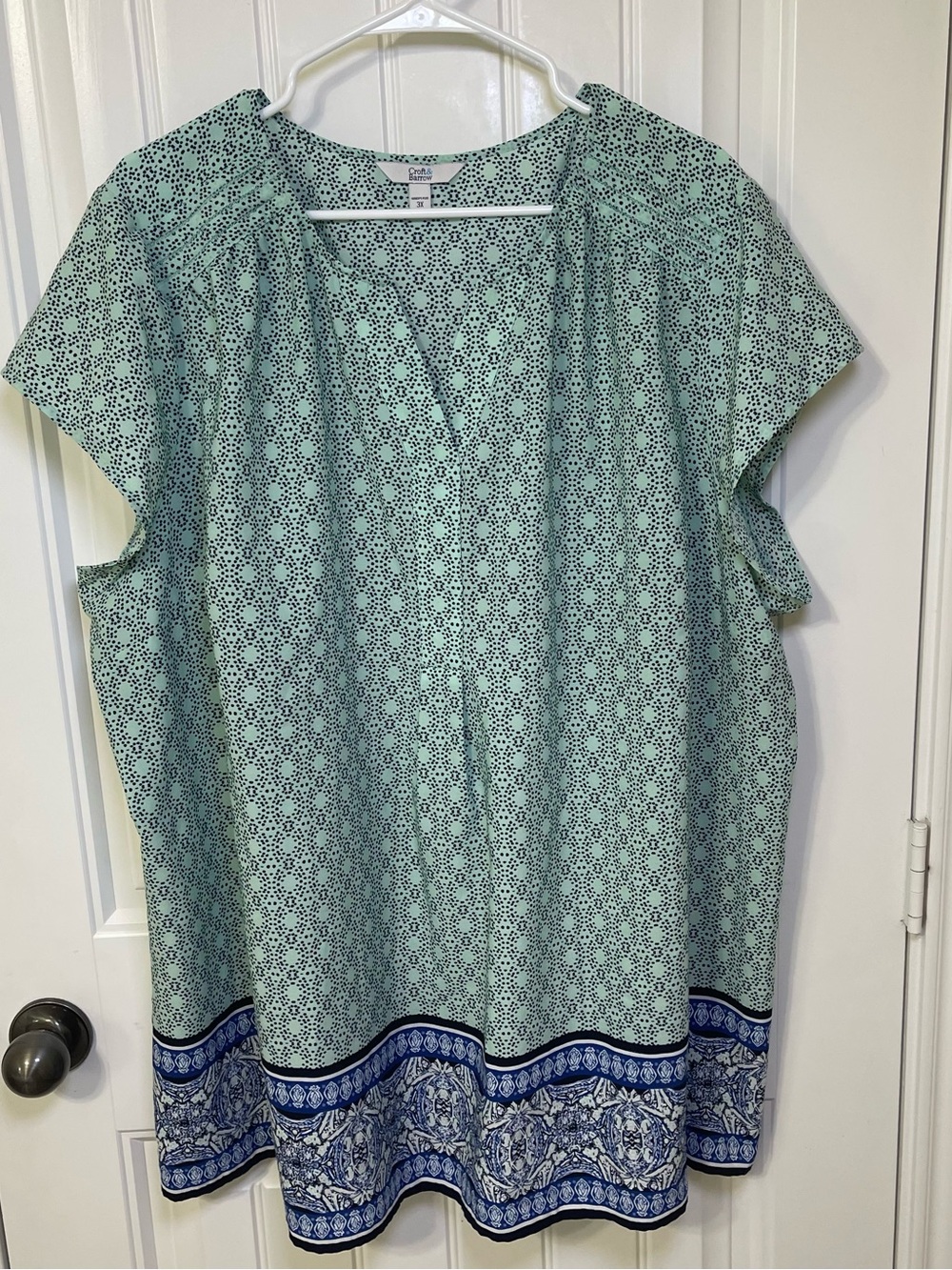 Croft & Barrow 3X Mint Green Geometric Print Short Sleeve V-Neck Plus Size